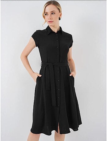Vestido midi em linha a com colarinho de camisa, abotoamento e detalhe de viés bdart