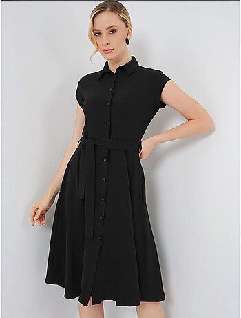 Vestido midi em linha a com colarinho de camisa, abotoamento e detalhe de viés bdart