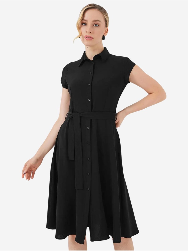 Vestido midi em linha a com colarinho de camisa, abotoamento e detalhe de viés bdart Preto - Kiabi
