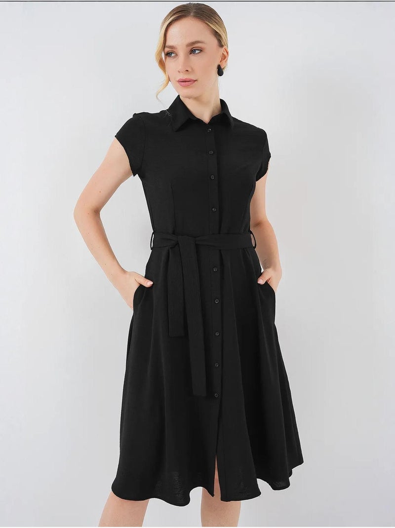 Vestido midi em linha a com colarinho de camisa, abotoamento e detalhe de viés bdart Preto - Kiabi
