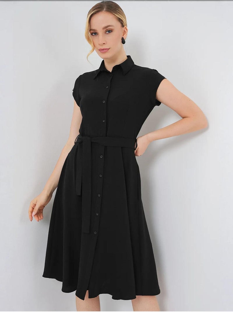 Vestido midi em linha a com colarinho de camisa, abotoamento e detalhe de viés bdart Preto - Kiabi