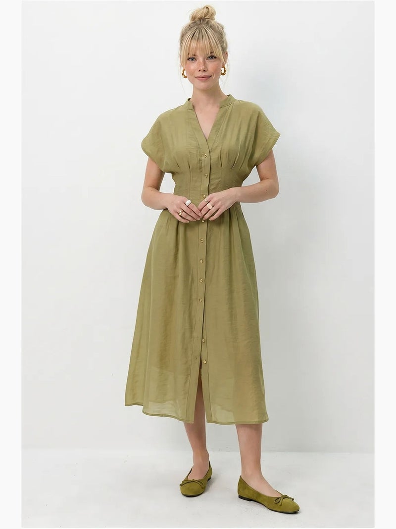 Vestido midi em linha a com decote em v e botões lucci Cáqui - Kiabi