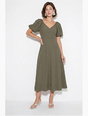 Vestido midi em linha a com decote em v e fecho de correr lucci