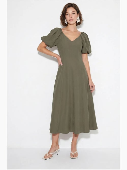 Vestido midi em linha a com decote em v e fecho de correr lucci - Kiabi