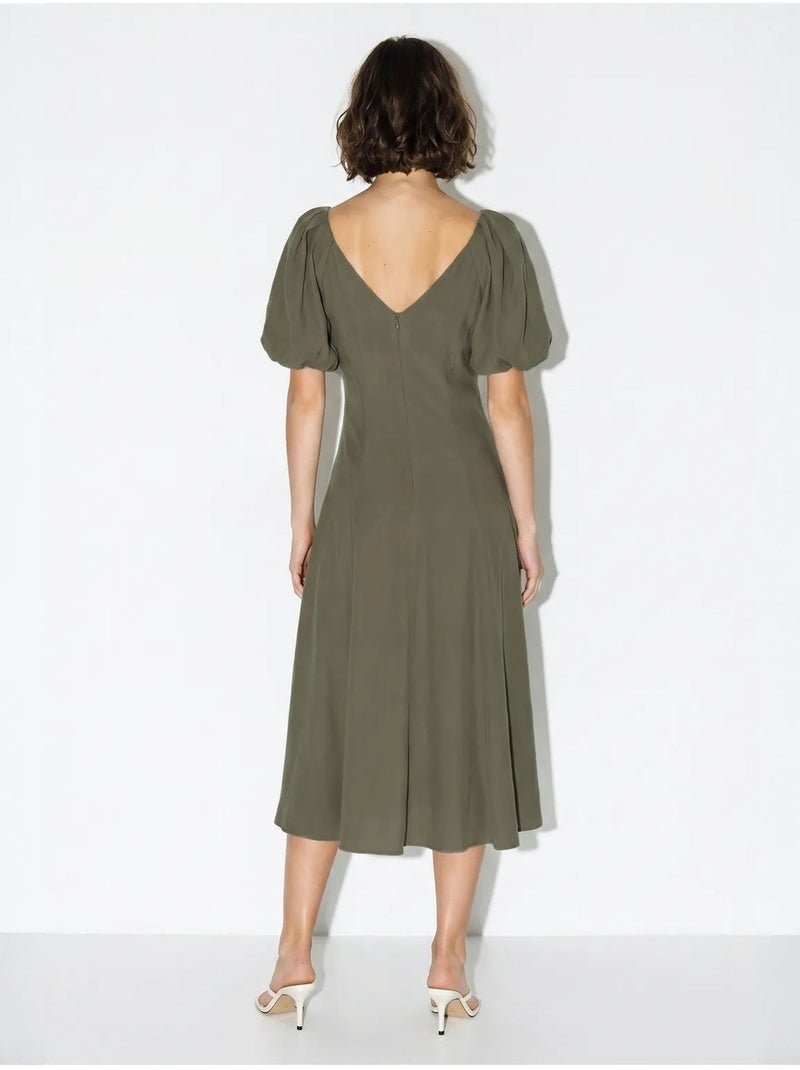 Vestido midi em linha a com decote em v e fecho de correr lucci Cáqui - Kiabi