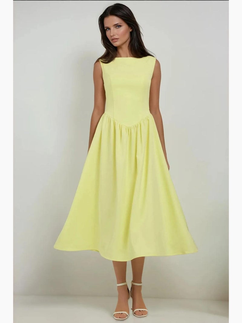 Vestido midi em linha a com decote redondo hiccup Amarelo-limão - Kiabi