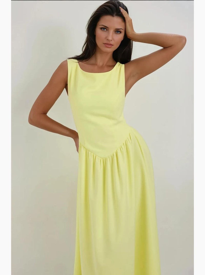 Vestido midi em linha a com decote redondo hiccup Amarelo-limão - Kiabi