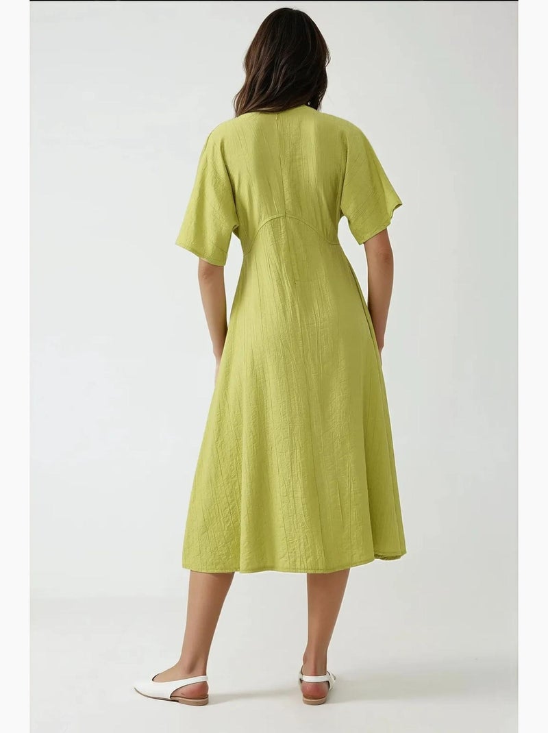 Vestido midi em linha a com decote redondo hiccup Verde cáqui - Kiabi