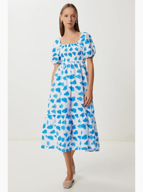 Vestido midi em linha a com estampado abstrato, folhos e decote quadrado istanbul - Kiabi Vestido midi em linha a com estampado abstrato, folhos e decote quadrado istanbul - Kiabi
