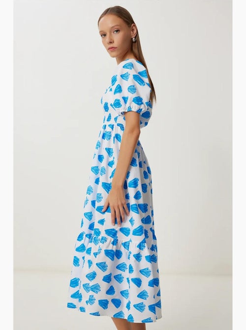 Vestido midi em linha a com estampado abstrato, folhos e decote quadrado istanbul - Kiabi Vestido midi em linha a com estampado abstrato, folhos e decote quadrado istanbul - Kiabi