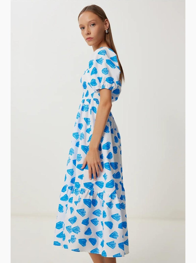 Vestido midi em linha a com estampado abstrato, folhos e decote quadrado istanbul Bege-argila - Kiabi