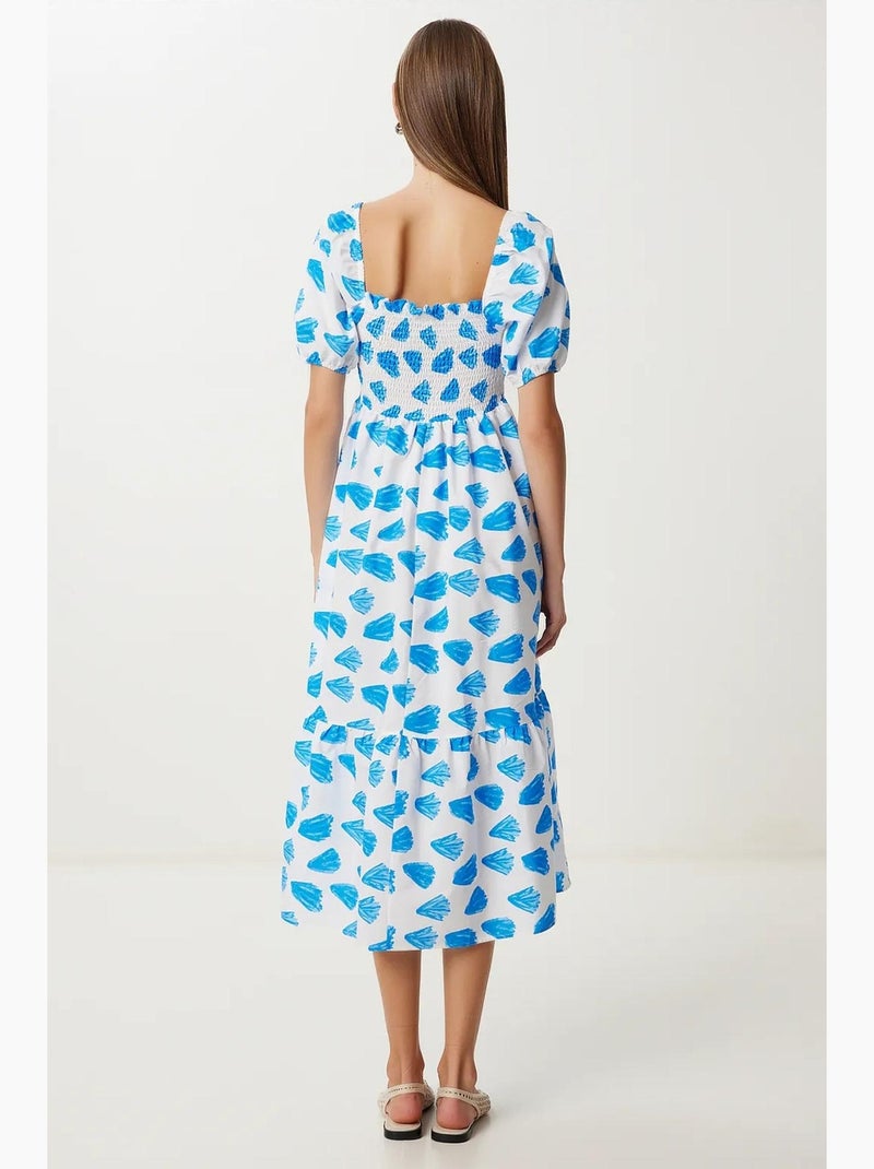 Vestido midi em linha a com estampado abstrato, folhos e decote quadrado istanbul Bege-argila - Kiabi