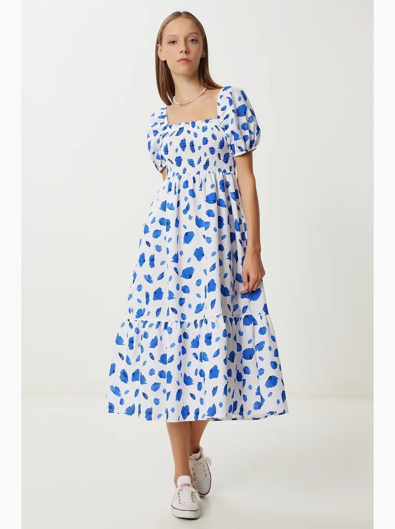 Vestido midi em linha a com estampado abstrato, folhos e decote quadrado istanbul Branco - Kiabi