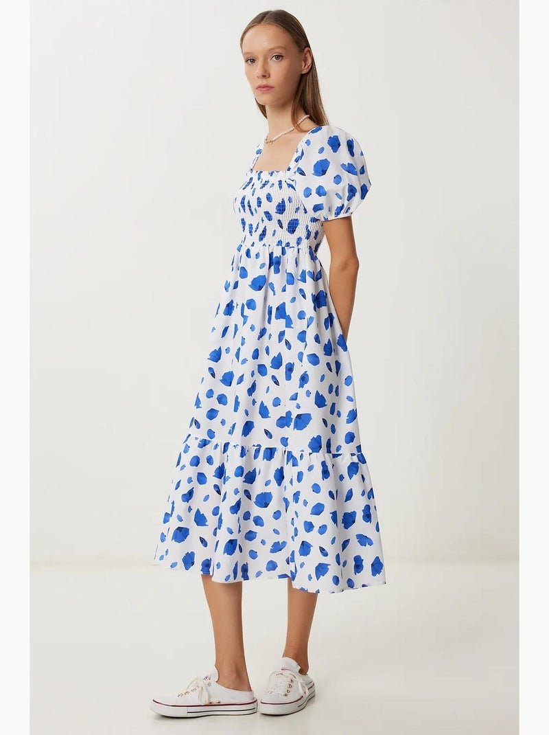 Vestido midi em linha a com estampado abstrato, folhos e decote quadrado istanbul Branco - Kiabi