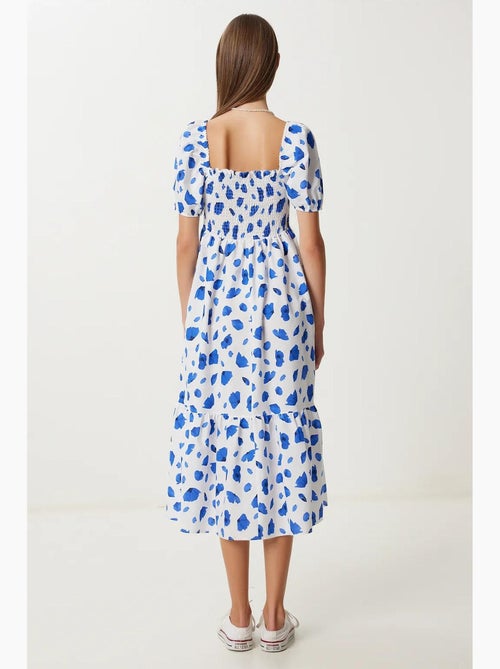 Vestido midi em linha a com estampado abstrato, folhos e decote quadrado istanbul - Kiabi Vestido midi em linha a com estampado abstrato, folhos e decote quadrado istanbul - Kiabi