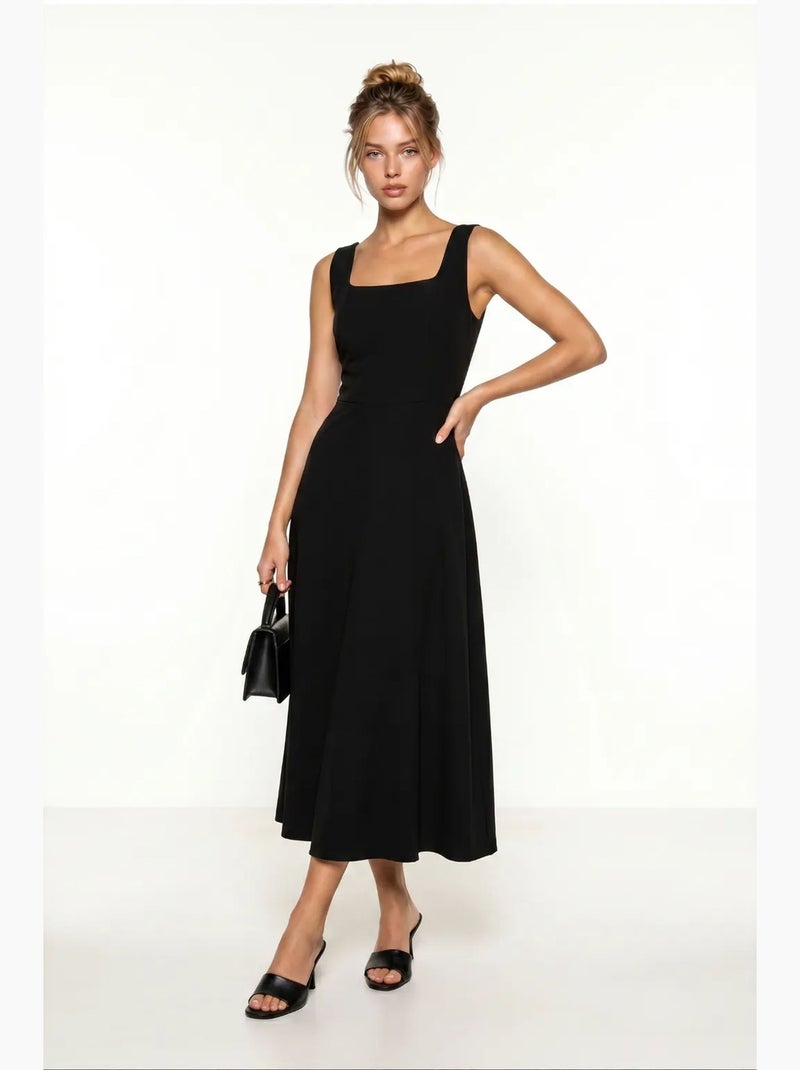 Vestido midi em linha a de popelina de algodão istanbul Preto - Kiabi