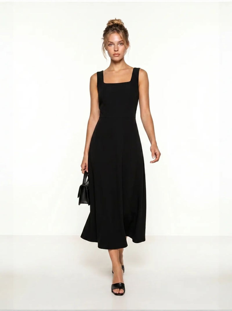 Vestido midi em linha a de popelina de algodão istanbul Preto - Kiabi