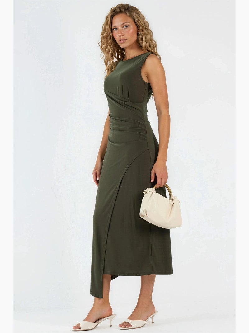 Vestido midi em linha a franzido hiccup Cáqui - Kiabi