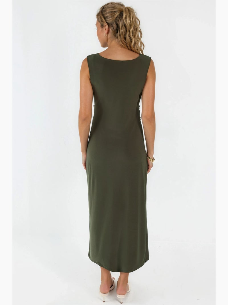 Vestido midi em linha a franzido hiccup Cáqui - Kiabi