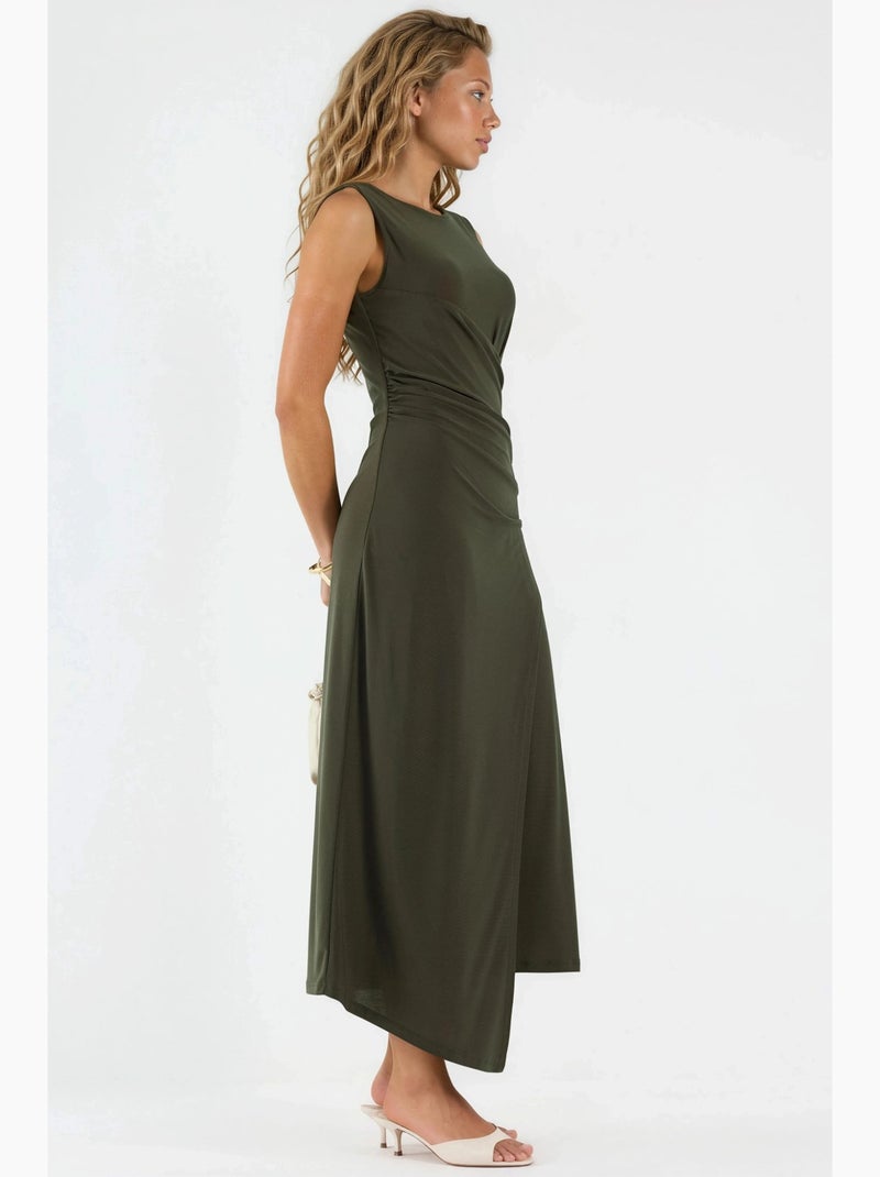 Vestido midi em linha a franzido hiccup Cáqui - Kiabi