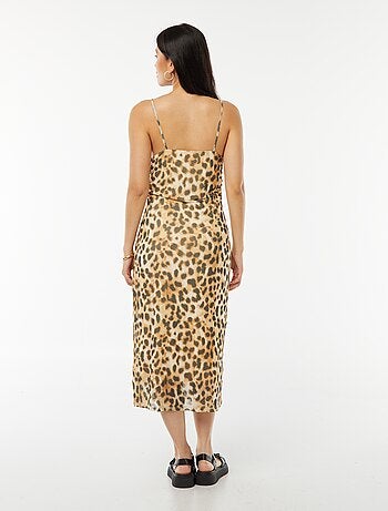 Vestido midi em malha com estampado leopardo e decote drapeado