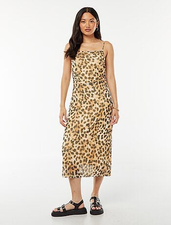 Vestido midi em malha com estampado leopardo e decote drapeado