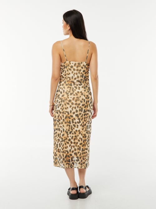 Vestido midi em malha com estampado leopardo e decote drapeado - Kiabi