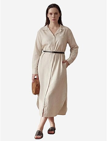 Vestido midi em mistura de linho com fecho de botões e bolso my fashion