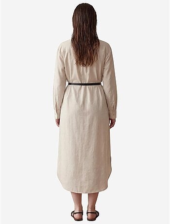 Vestido midi em mistura de linho com fecho de botões e bolso my fashion