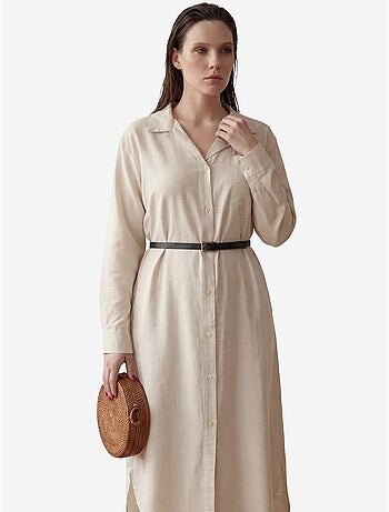 Vestido midi em mistura de linho com fecho de botões e bolso my fashion