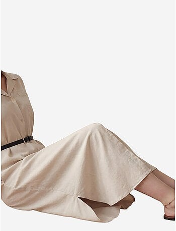 Vestido midi em mistura de linho com fecho de botões e bolso my fashion