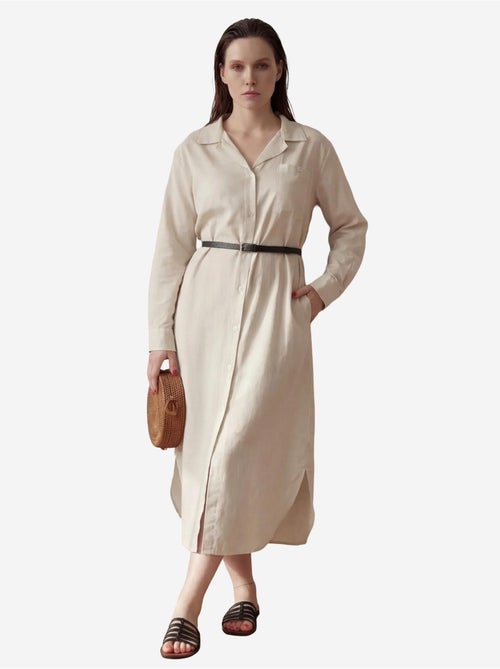 Vestido midi em mistura de linho com fecho de botões e bolso my fashion - Kiabi Vestido midi em mistura de linho com fecho de botões e bolso my fashion - Kiabi