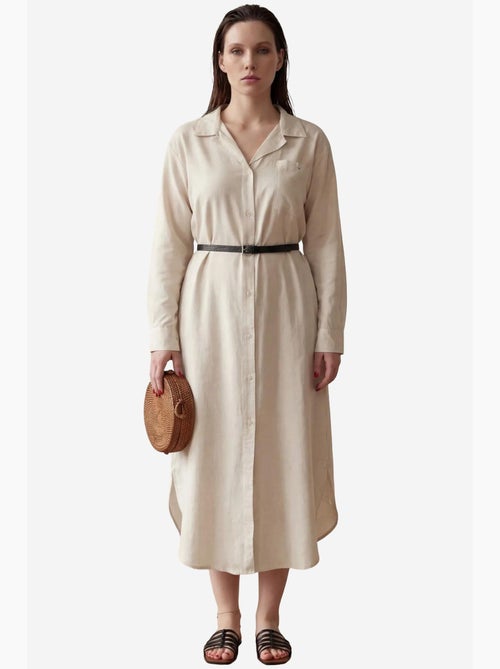 Vestido midi em mistura de linho com fecho de botões e bolso my fashion - Kiabi Vestido midi em mistura de linho com fecho de botões e bolso my fashion - Kiabi
