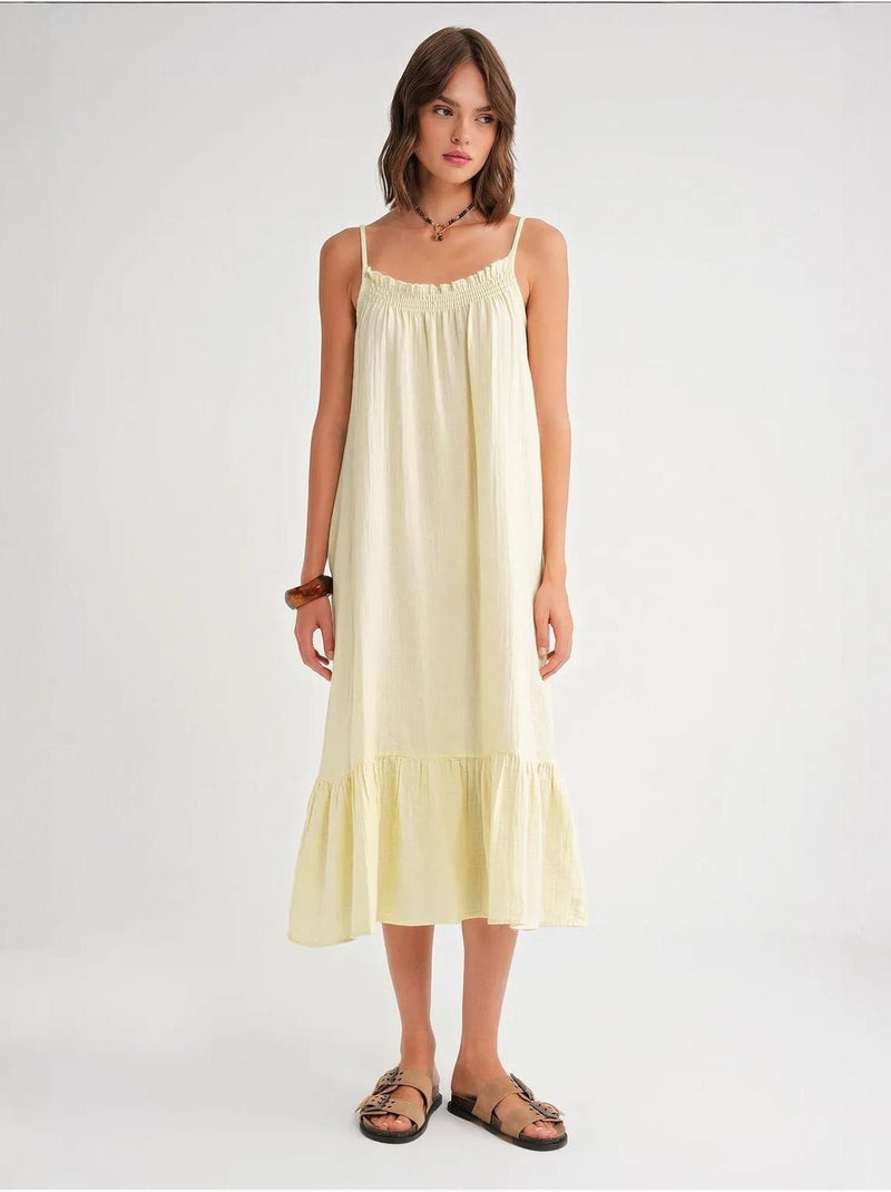 Vestido midi em musselina com detalhe de folhos mixray Amarelo-limão - Kiabi