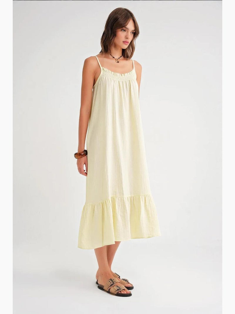 Vestido midi em musselina com detalhe de folhos mixray Amarelo-limão - Kiabi
