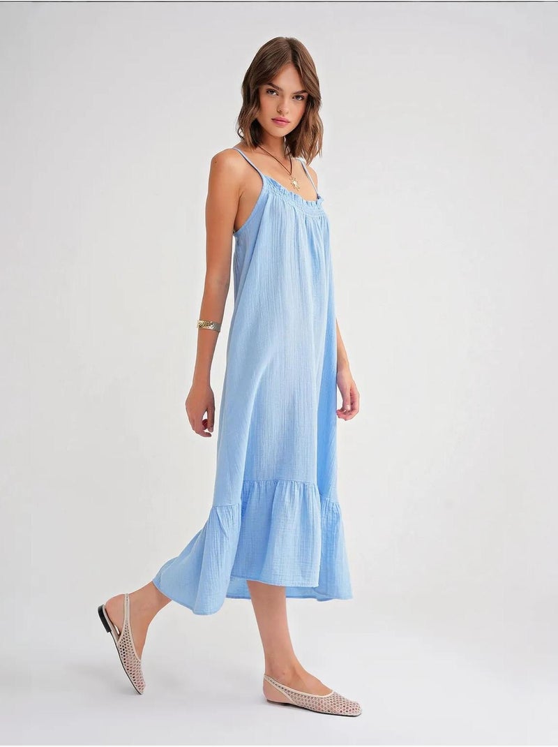 Vestido midi em musselina com detalhe de folhos mixray Azul-céu - Kiabi