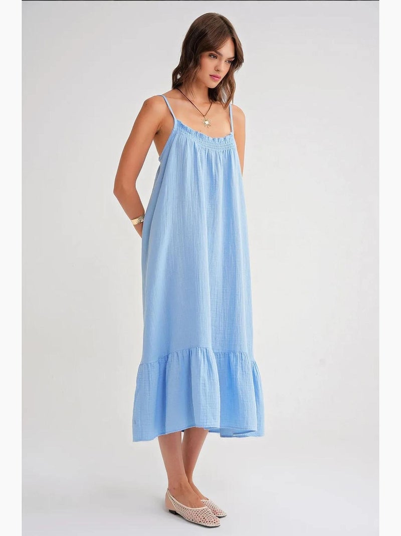 Vestido midi em musselina com detalhe de folhos mixray Azul-céu - Kiabi