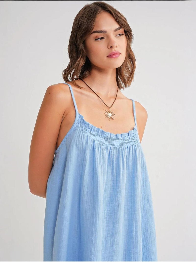 Vestido midi em musselina com detalhe de folhos mixray Azul-céu - Kiabi