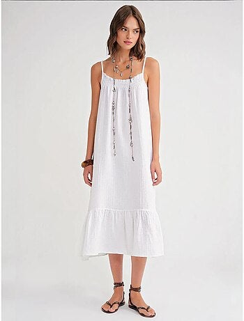 Vestido midi em musselina com detalhe de folhos mixray