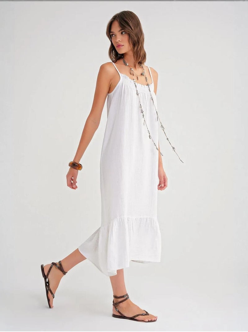 Vestido midi em musselina com detalhe de folhos mixray Branco - Kiabi