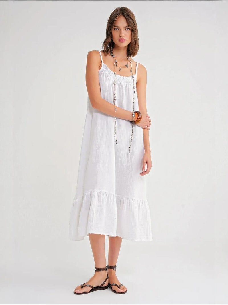 Vestido midi em musselina com detalhe de folhos mixray Branco - Kiabi