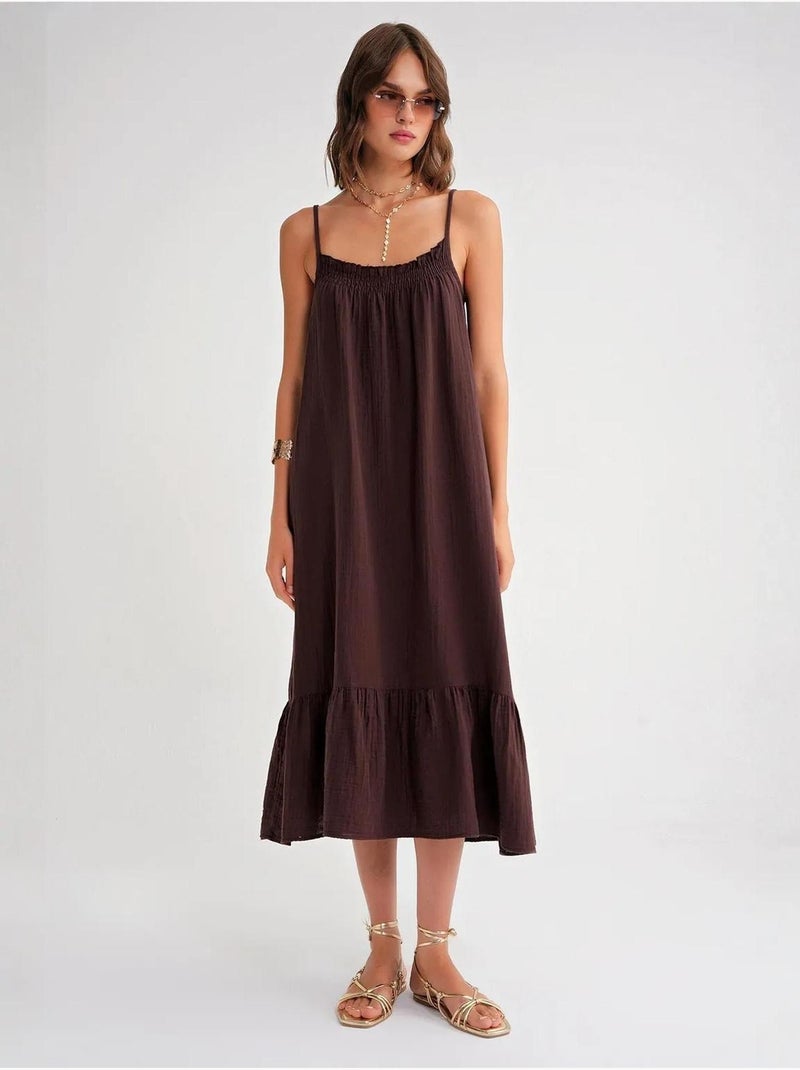 Vestido midi em musselina com detalhe de folhos mixray Castanho-chocolate - Kiabi