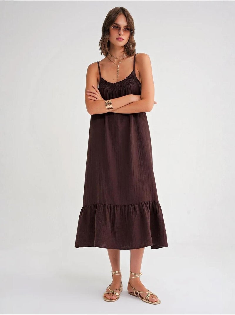 Vestido midi em musselina com detalhe de folhos mixray Castanho-chocolate - Kiabi