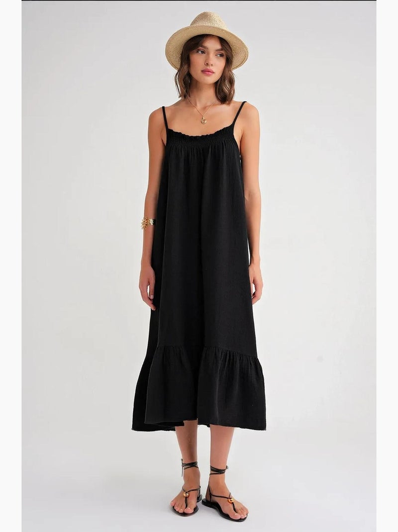 Vestido midi em musselina com detalhe de folhos mixray Preto - Kiabi