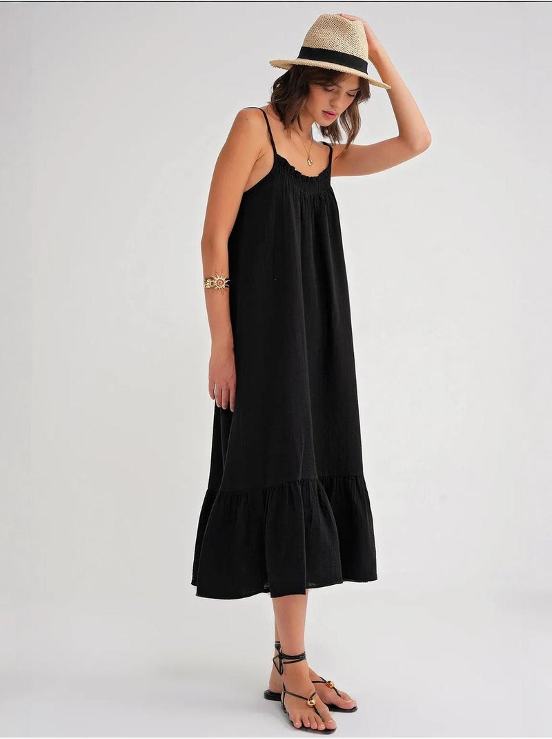 Vestido midi em musselina com detalhe de folhos mixray Preto - Kiabi