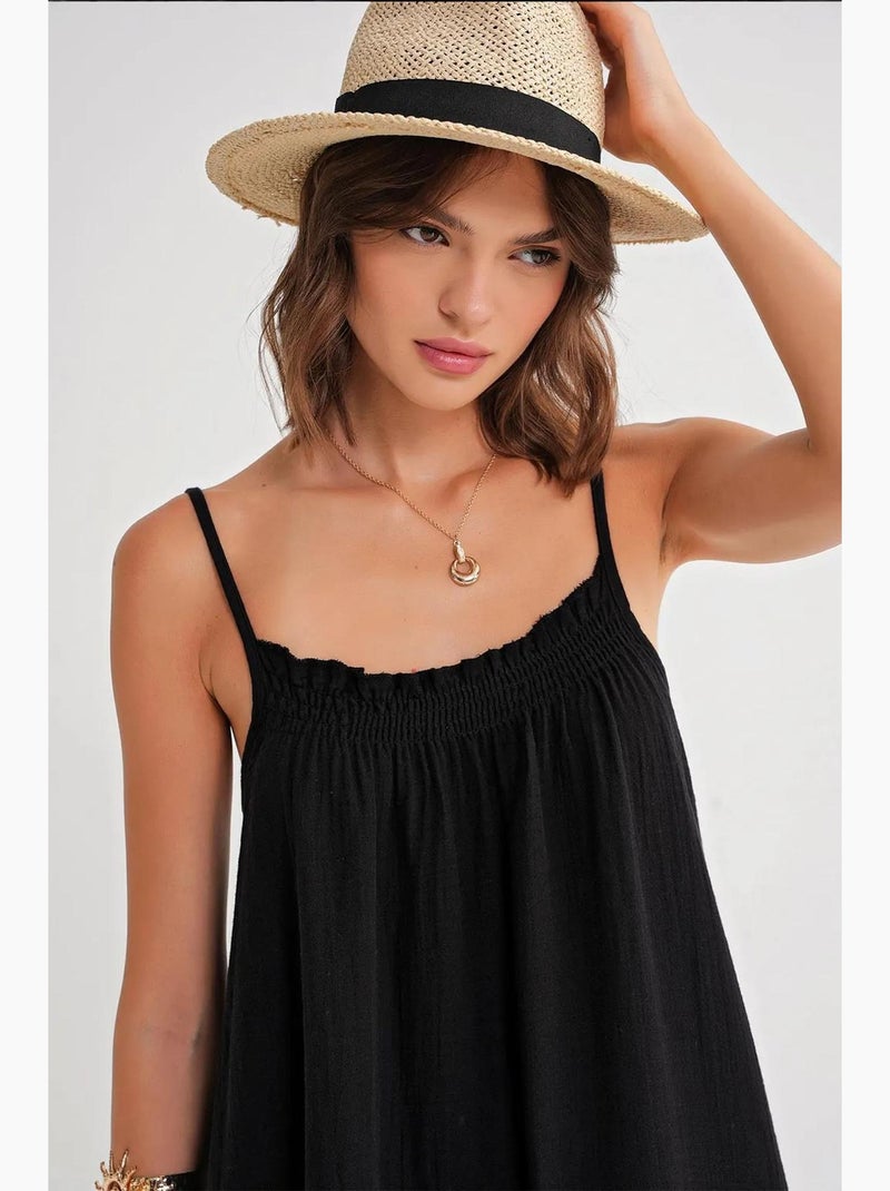 Vestido midi em musselina com detalhe de folhos mixray Preto - Kiabi