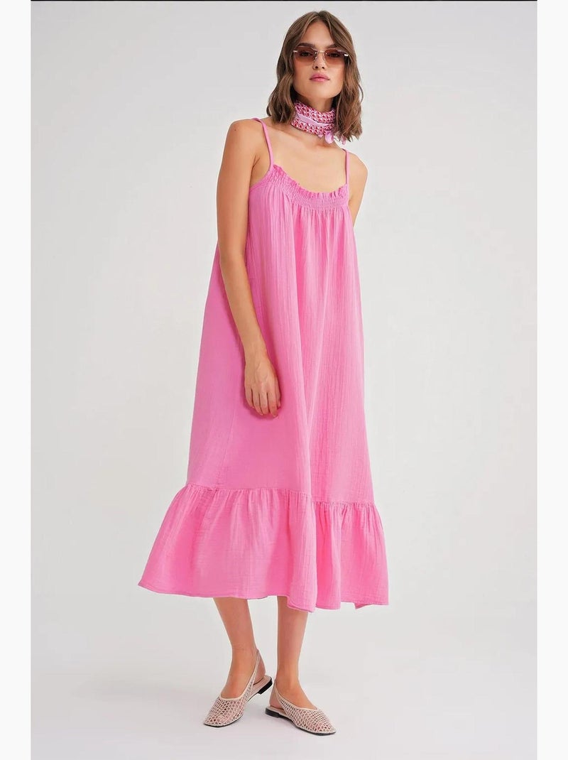 Vestido midi em musselina com detalhe de folhos mixray Rosa-pálido - Kiabi