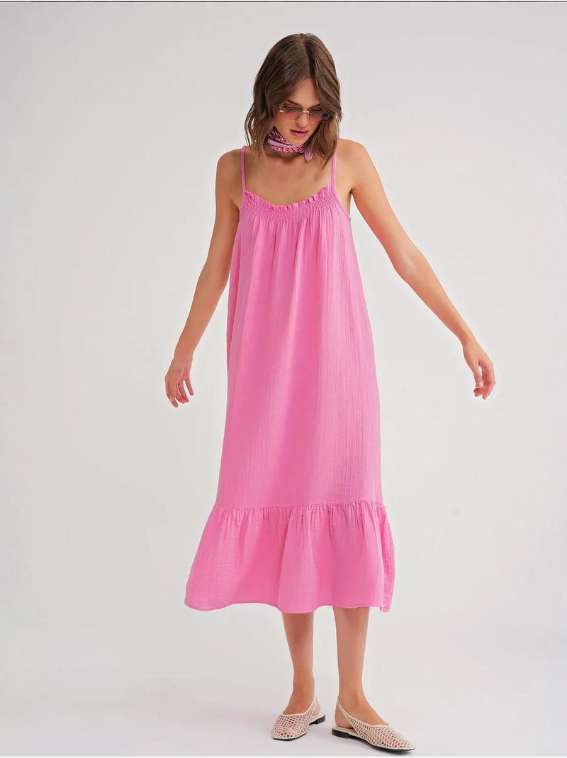 Vestido midi em musselina com detalhe de folhos mixray Rosa-pálido - Kiabi