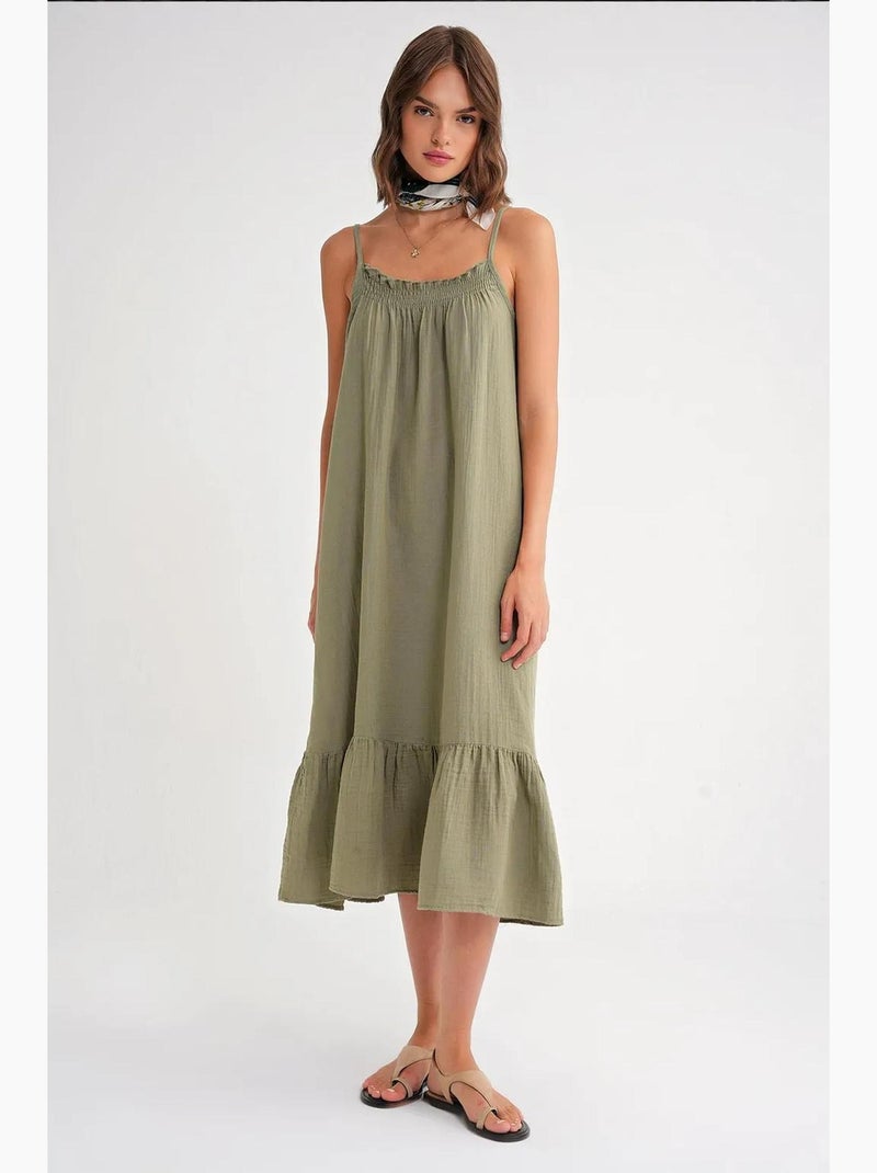 Vestido midi em musselina com detalhe de folhos mixray Verde pastel - Kiabi