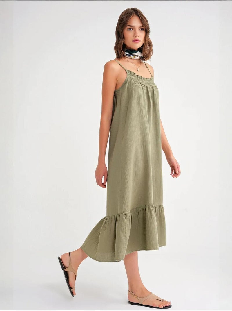 Vestido midi em musselina com detalhe de folhos mixray Verde pastel - Kiabi